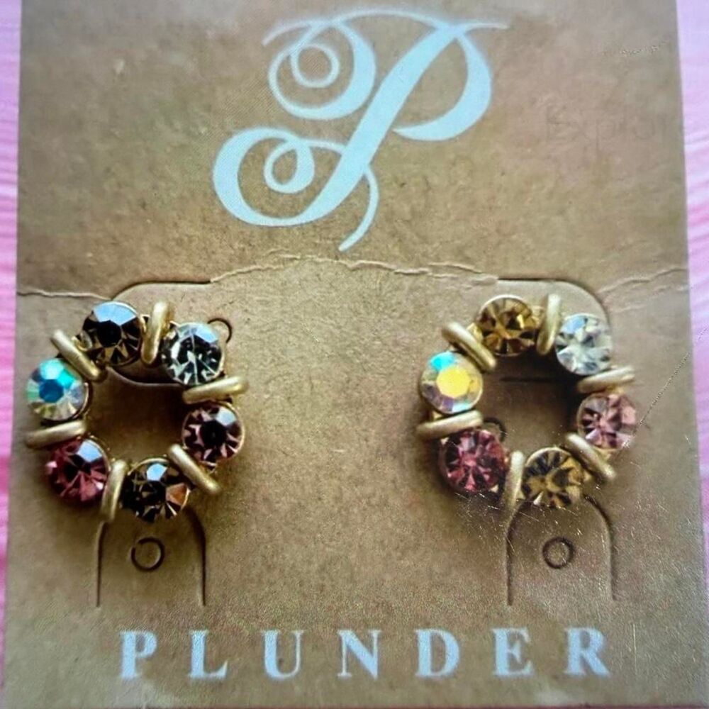 Plunder Design gold-tone wreath stud earrings, multicolored rhinestones NEW